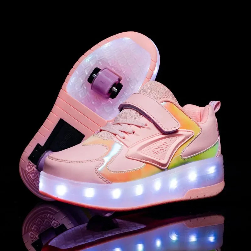 Children's shoes with fold-out wheels and illuminated LED sole