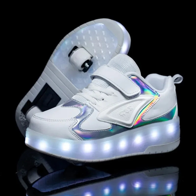 Children's shoes with fold-out wheels and illuminated LED sole
