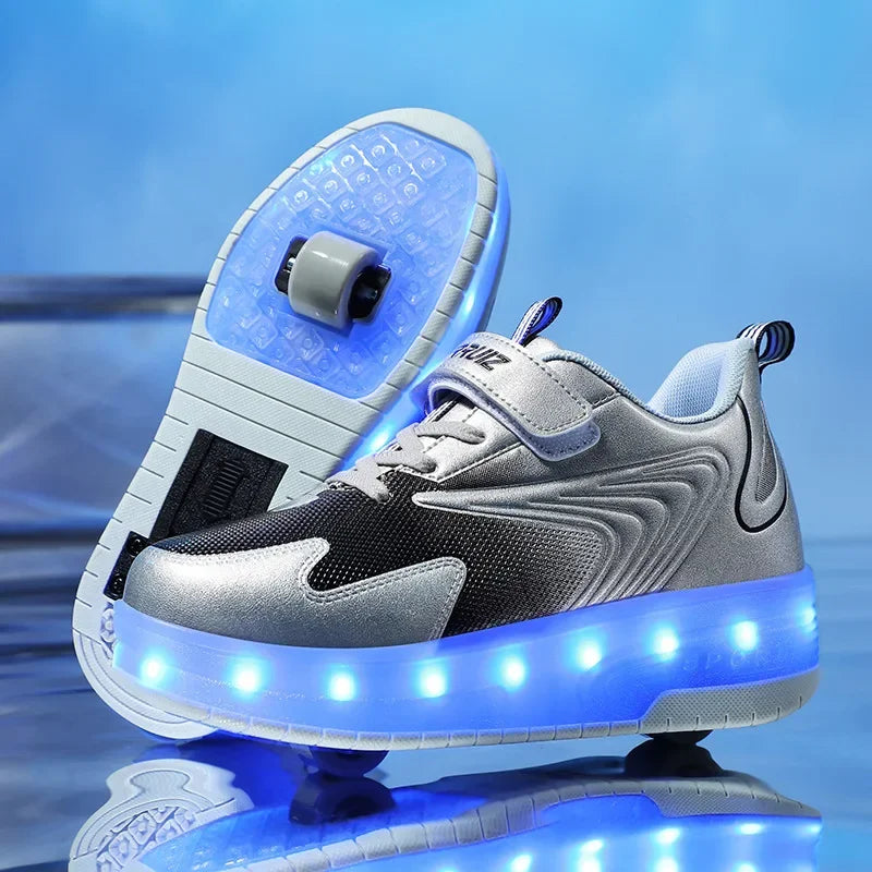 Children's shoes with fold-out wheels and illuminated LED sole