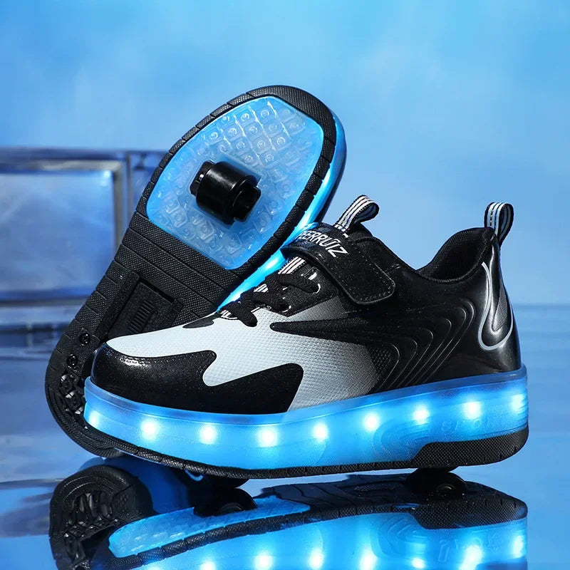 Children's shoes with fold-out wheels and illuminated LED sole