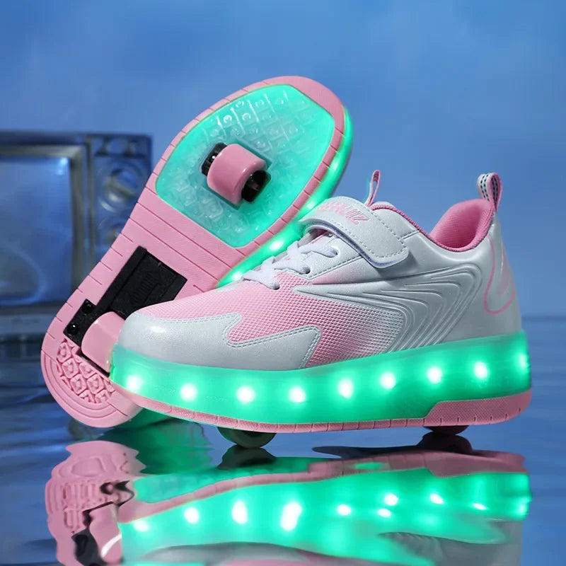 Children's shoes with fold-out wheels and illuminated LED sole