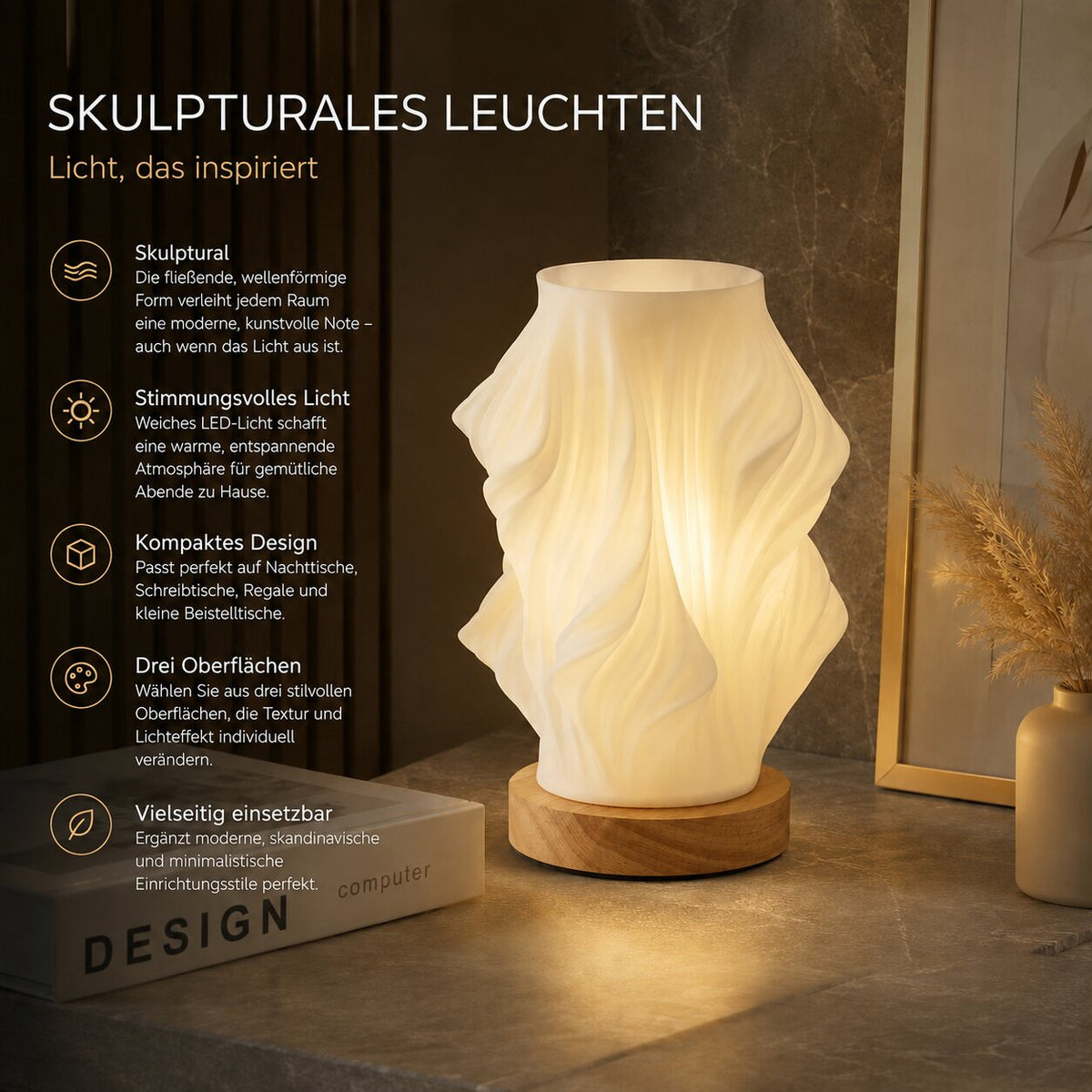 LED table lamp with sculptural texture and light-and-shadow effect