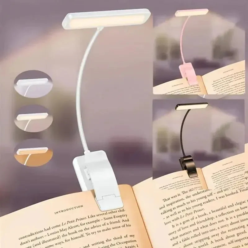Leselampe mit Clip und Flexarm – USB aufladbar, 3 Lichtfarben