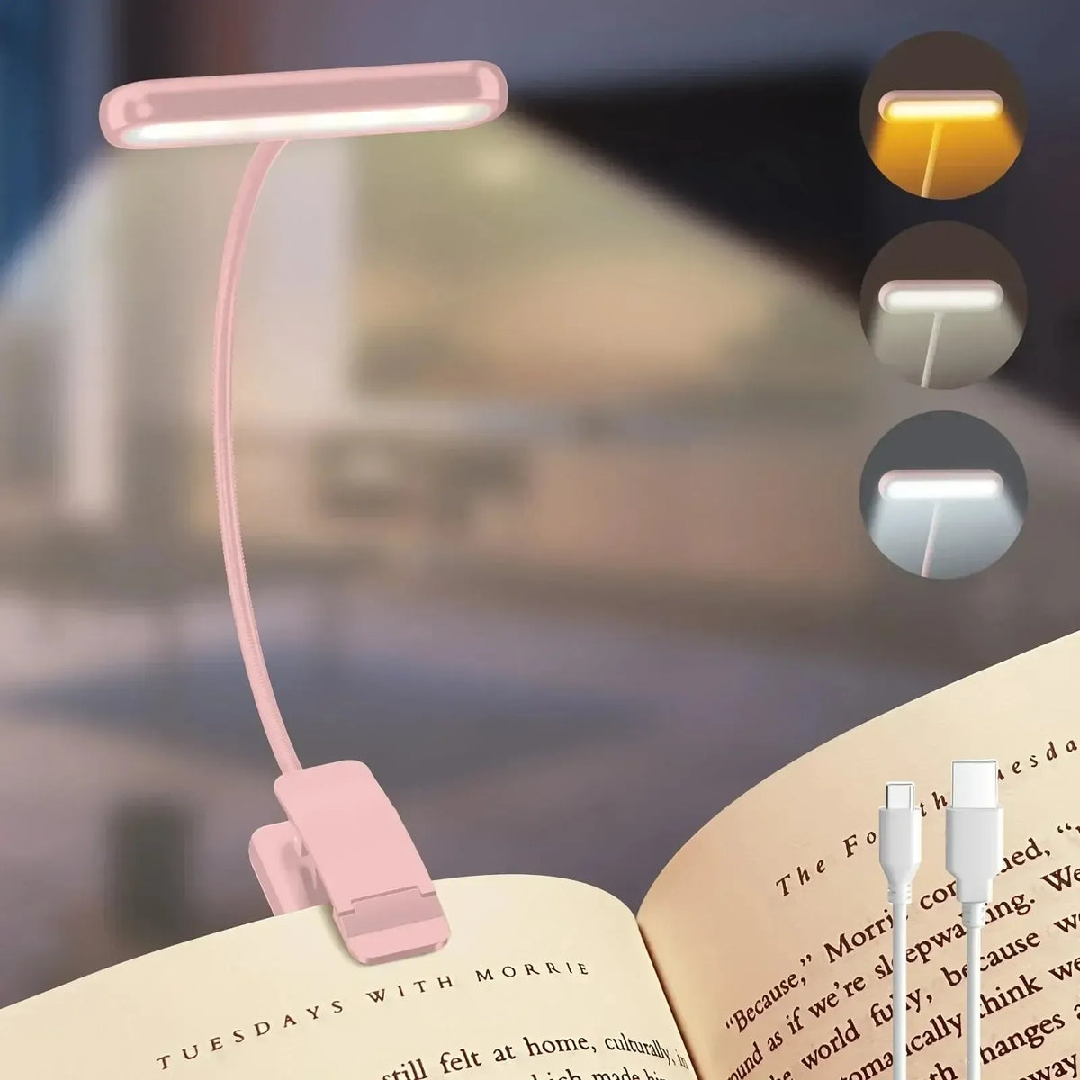 Leselampe mit Clip und Flexarm – USB aufladbar, 3 Lichtfarben