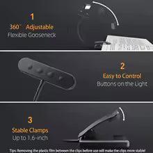 Leselampe mit Clip und Flexarm – USB aufladbar, 3 Lichtfarben