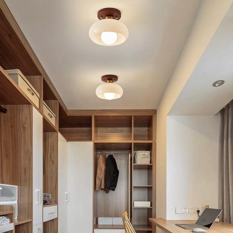 Bauhaus ceiling lamp with wood detail and opal glass shade