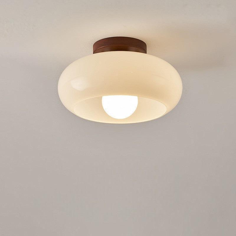 Bauhaus ceiling lamp with wood detail and opal glass shade