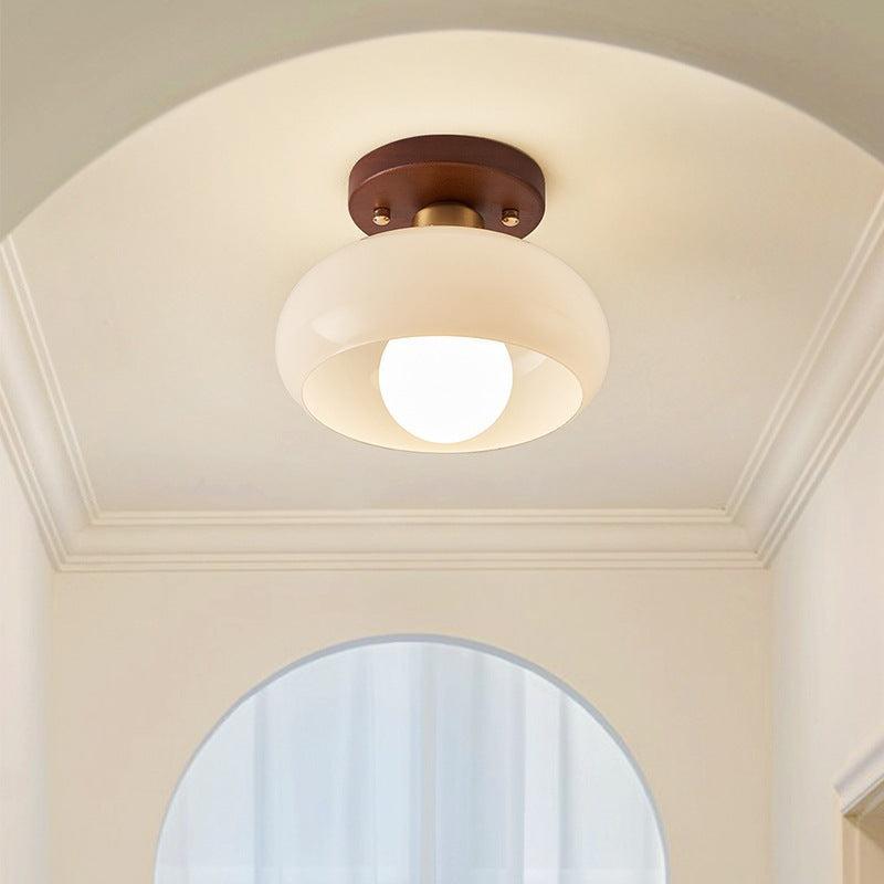Bauhaus ceiling lamp with wood detail and opal glass shade