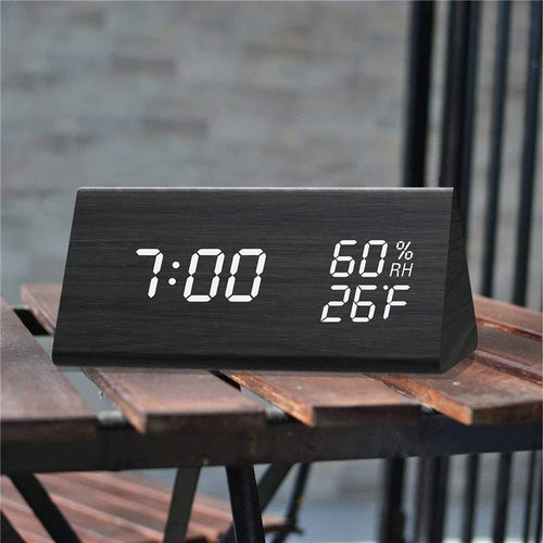 Digital wood-look clock with temperature display and dimmable display