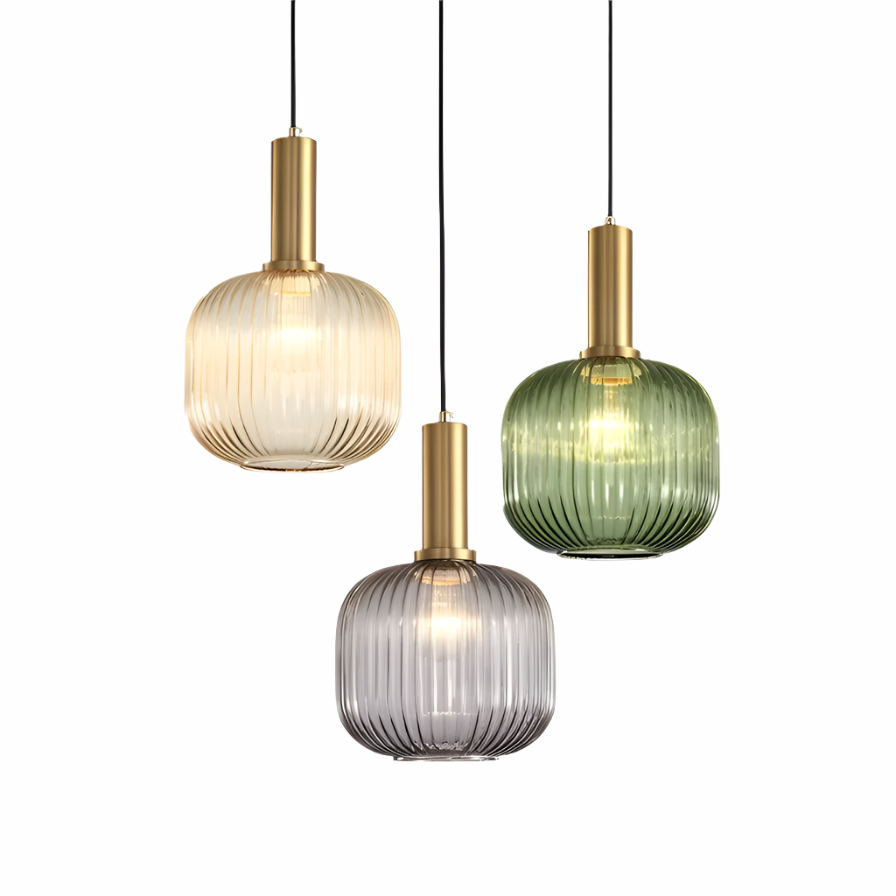 Pendelleuchte Riffelglas Vintage – Hängeleuchte mit Goldfassung E27