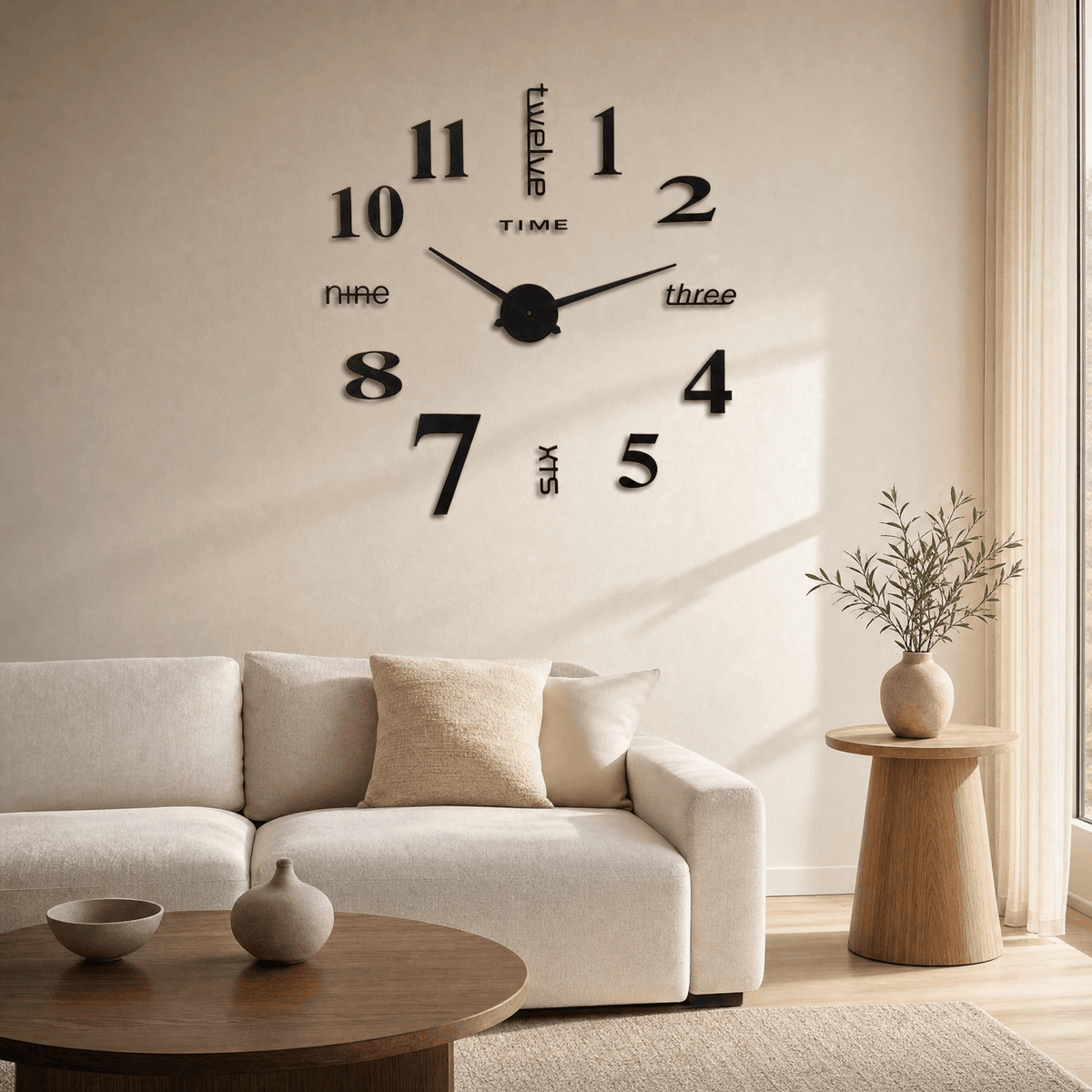 Rahmenlose 3D Wanduhr mit großen Zahlen – modernes Wanddesign