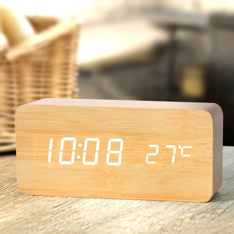 LED Wecker Digital mit Holzoptik – Temperaturanzeige & 3 Alarme