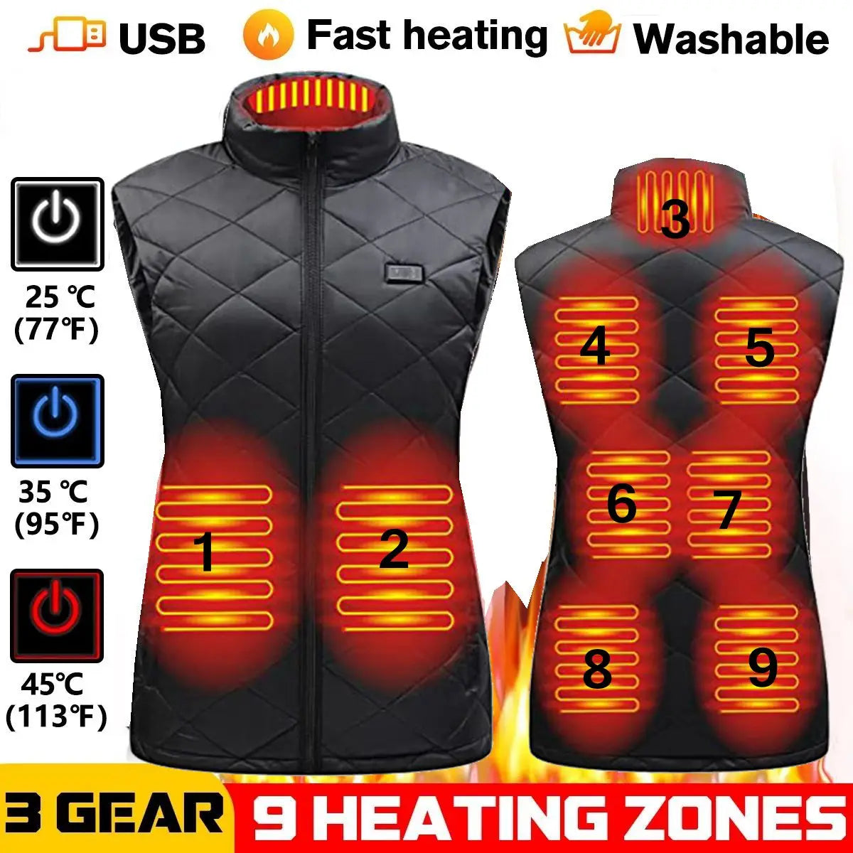 Heated women's vest with USB and infrared technology