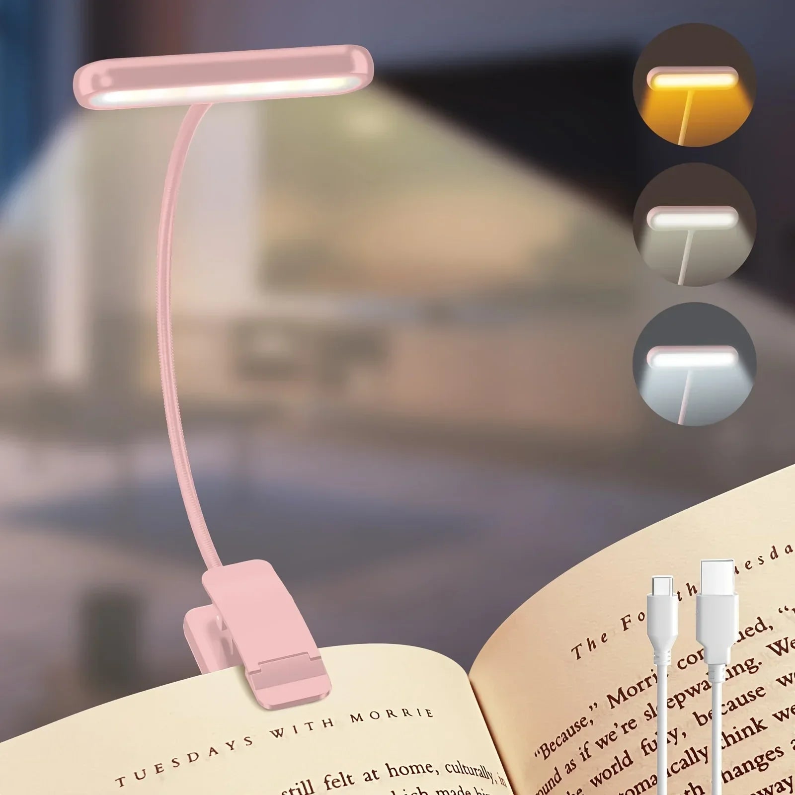 Leselampe mit Clip und Flexarm – USB aufladbar, 3 Lichtfarben