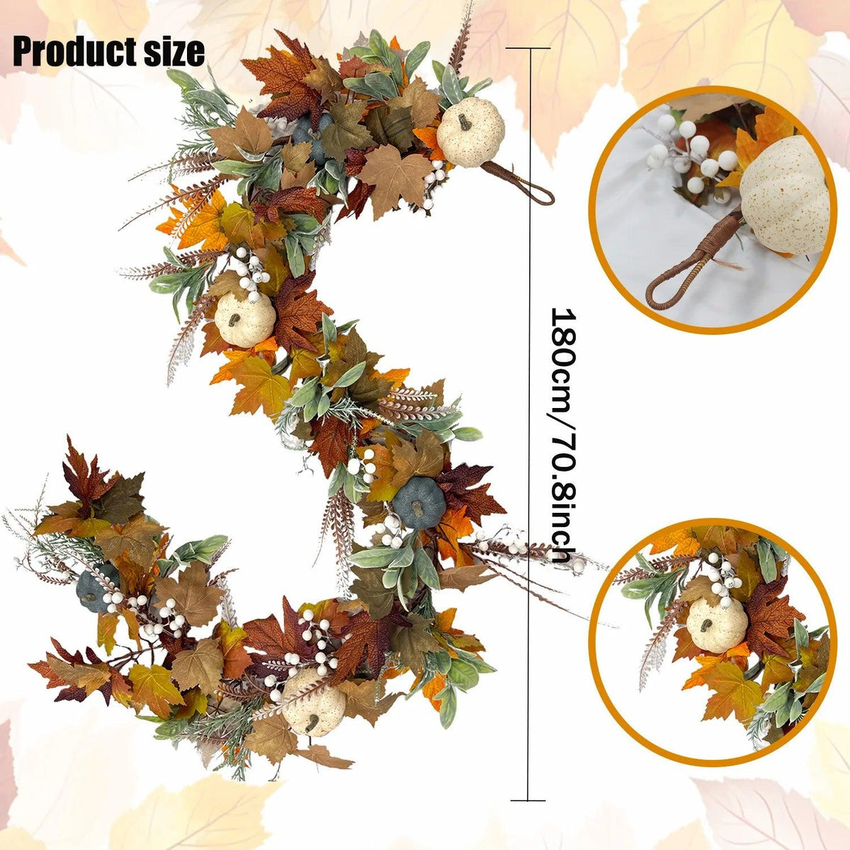 Autumn wreath with maple leaves and pumpkins for the front door