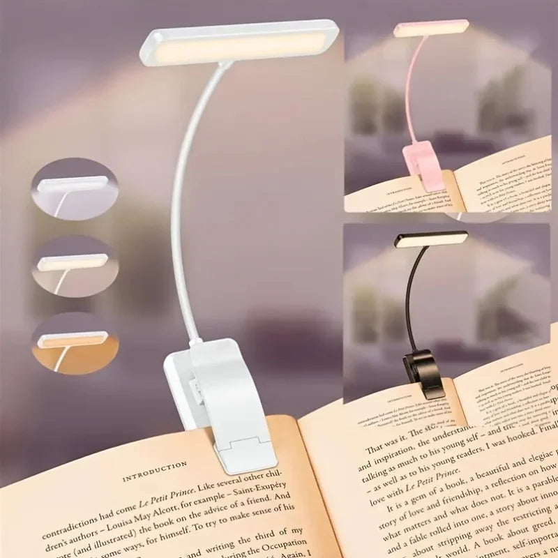 Leselampe mit Clip und Flexarm – USB aufladbar, 3 Lichtfarben