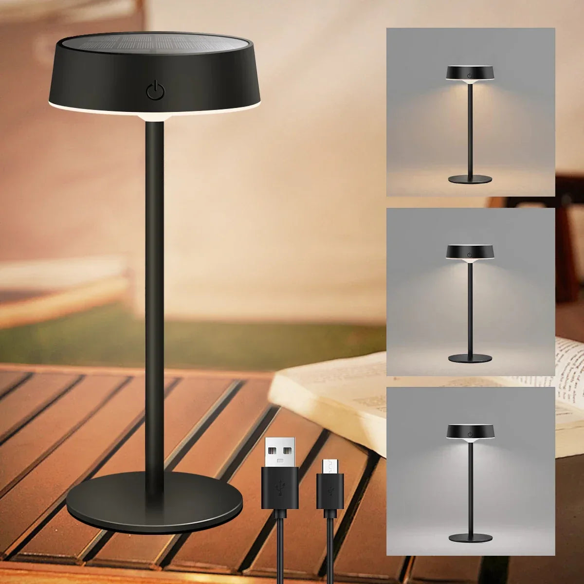 Kabellose LED Tischlampe Solar – dimmbar, 3 Lichtfarben, IP65