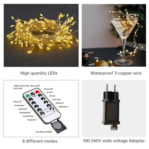 Cluster LED-Lichterkette Silberdraht warmweiß kaltweiß IP44 wasserdicht