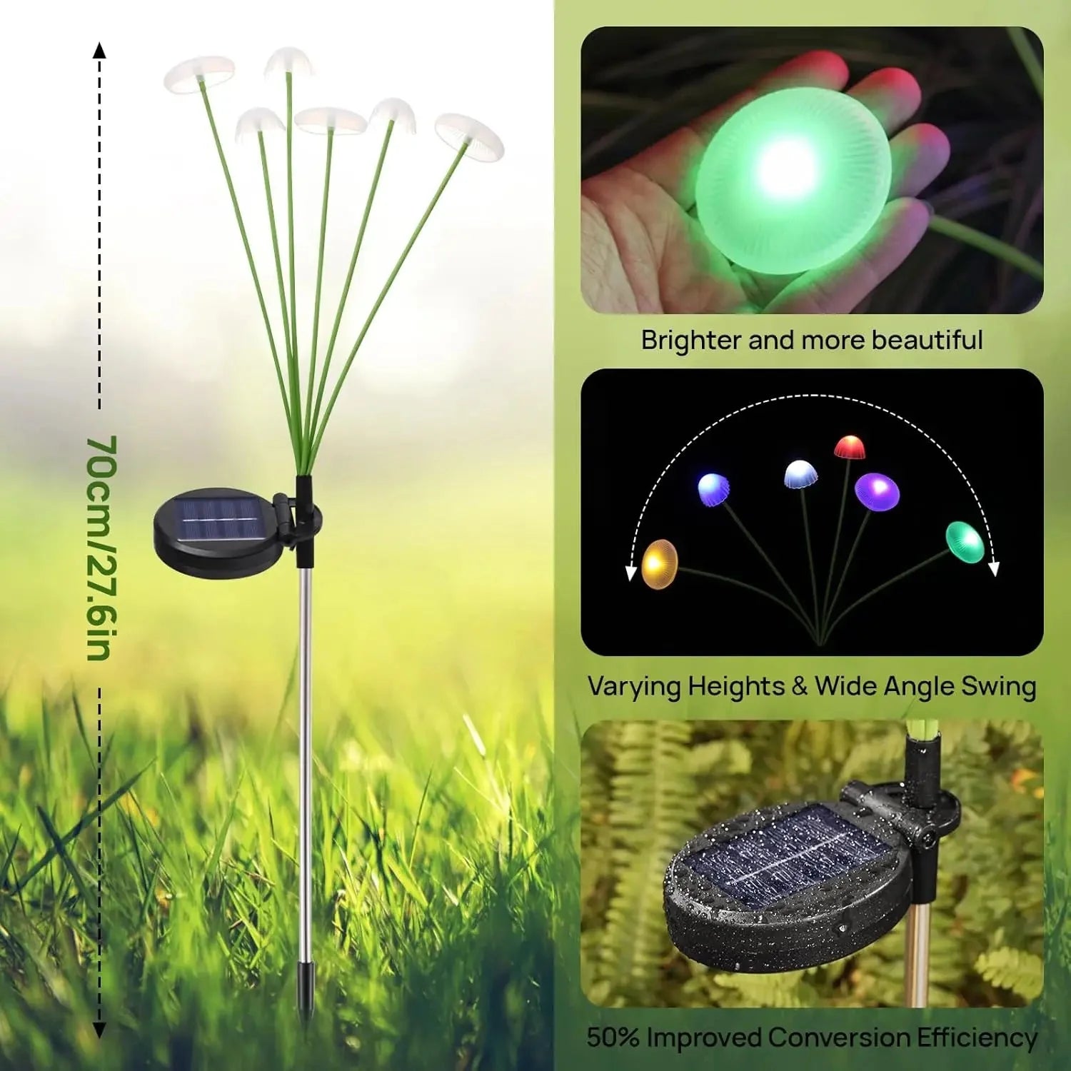 Solar-Pilzleuchten 2er-Set – 6 schwingende Köpfe, RGB oder Warmweiß product image 2