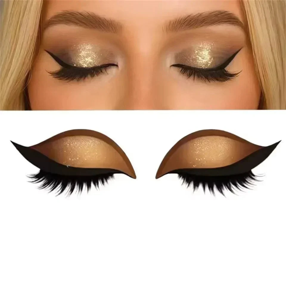 Blonde woman wearing gold shimmer Augen make-up sticker wiederverwendbar with closed eyes