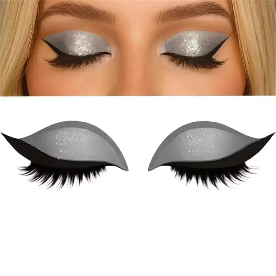 Silver shimmer augen make-up sticker wiederverwendbar on woman's eyes with before after