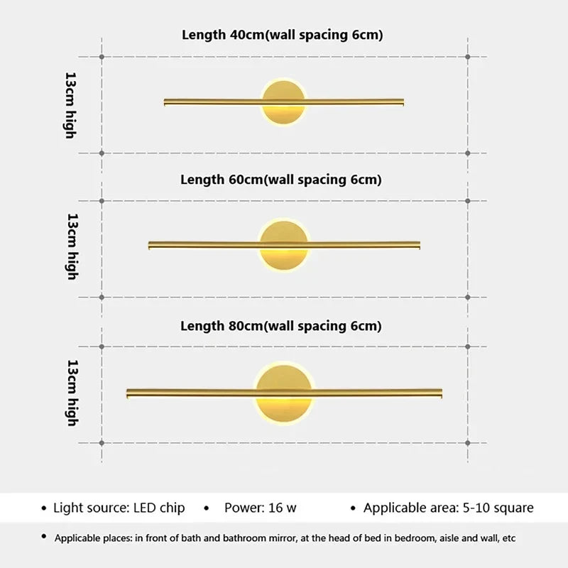 LED Wandleuchte Schwarz Gold – Spiegelleuchte 40/60/80 cm