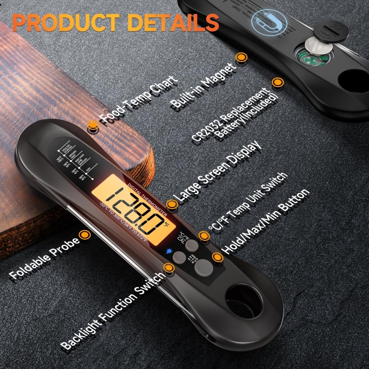 Digitales Fleischthermometer mit klappbarer Sonde und LED-Display