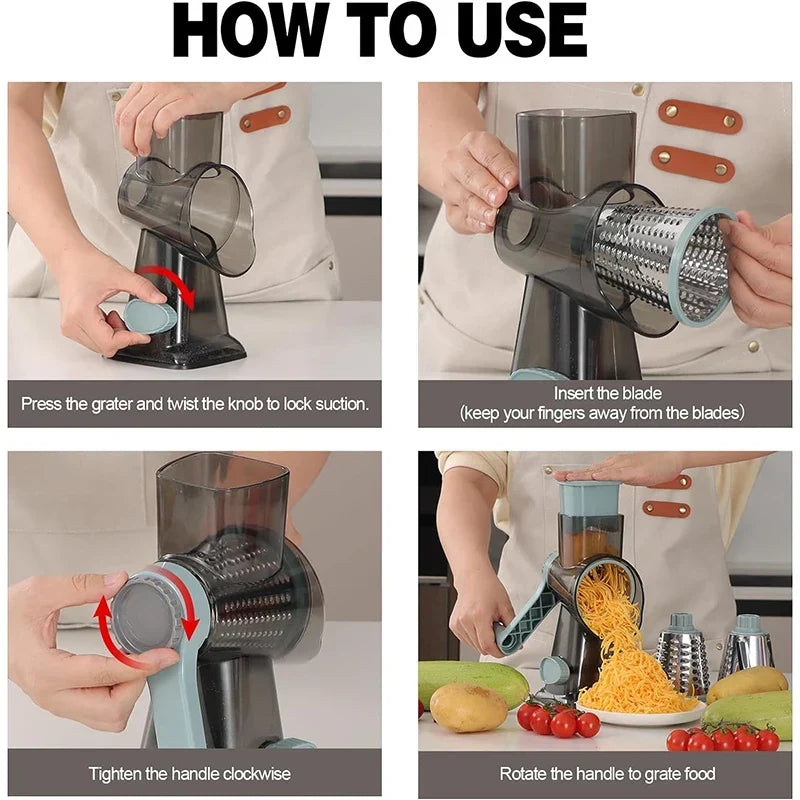 Manual Rotary Grater with 3 Interchangeable Stainless Steel Drums