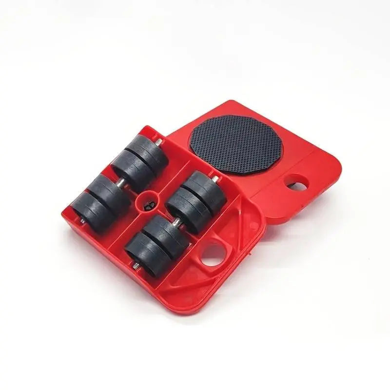 Red Schwerlast-Möbeltransport-Radsatz corner pad with four black rubber wheels