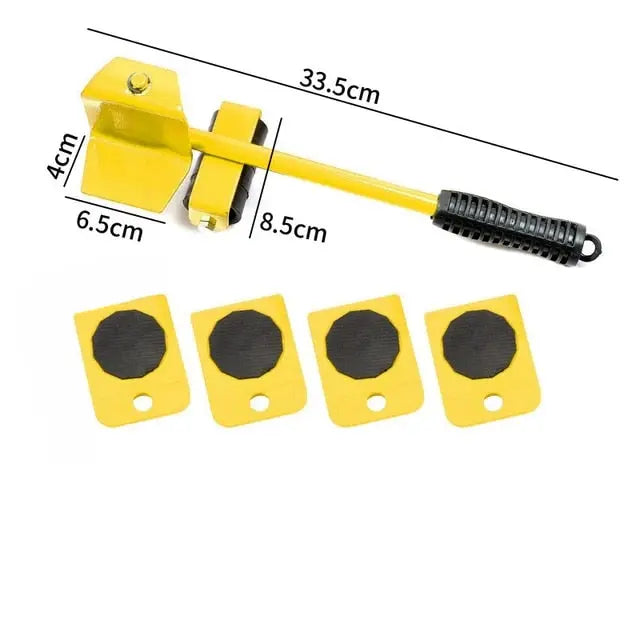 Yellow Schwerlast-Möbeltransport-Radsatz with dimensions and four corner pads displayed