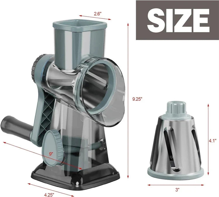 Manual Rotary Grater with 3 Interchangeable Stainless Steel Drums