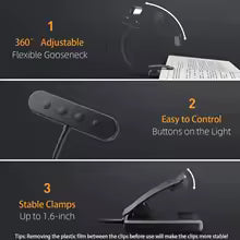 Leselampe mit Clip und Flexarm – USB aufladbar, 3 Lichtfarben