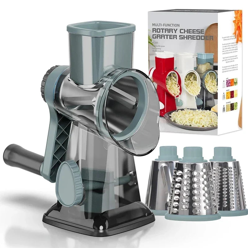 Manual Rotary Grater with 3 Interchangeable Stainless Steel Drums