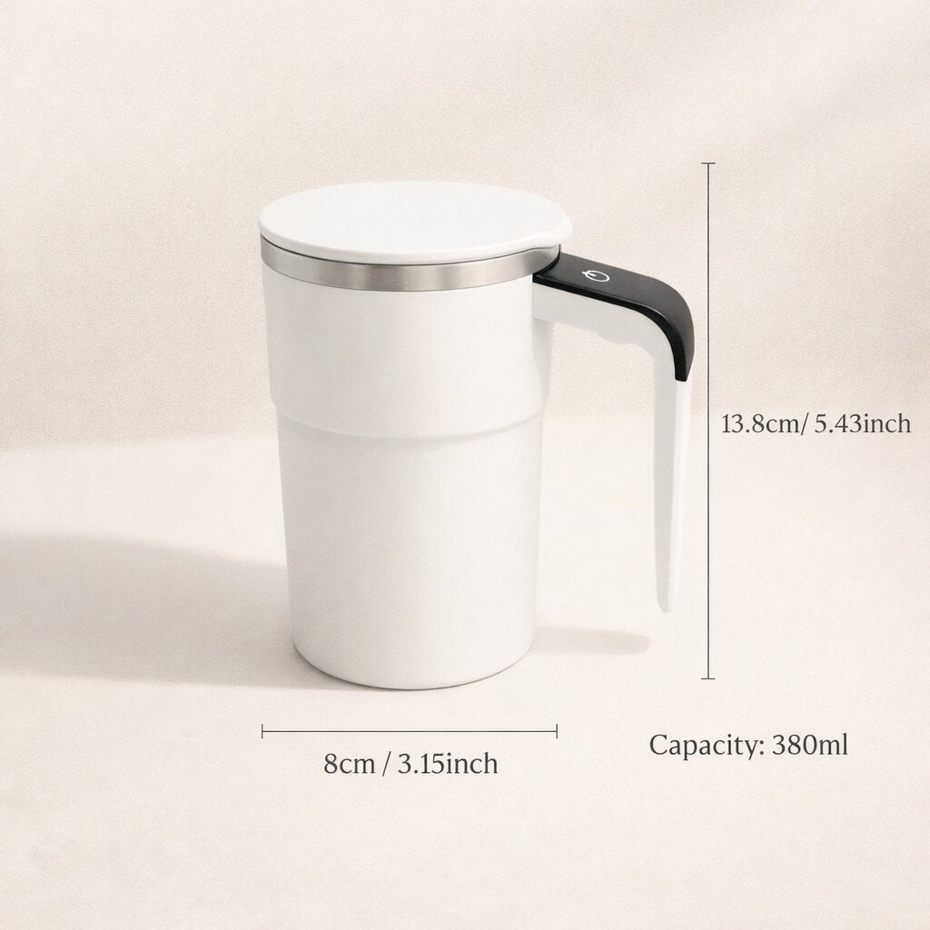 Self-stirring mug with temperature display for coffee and powder