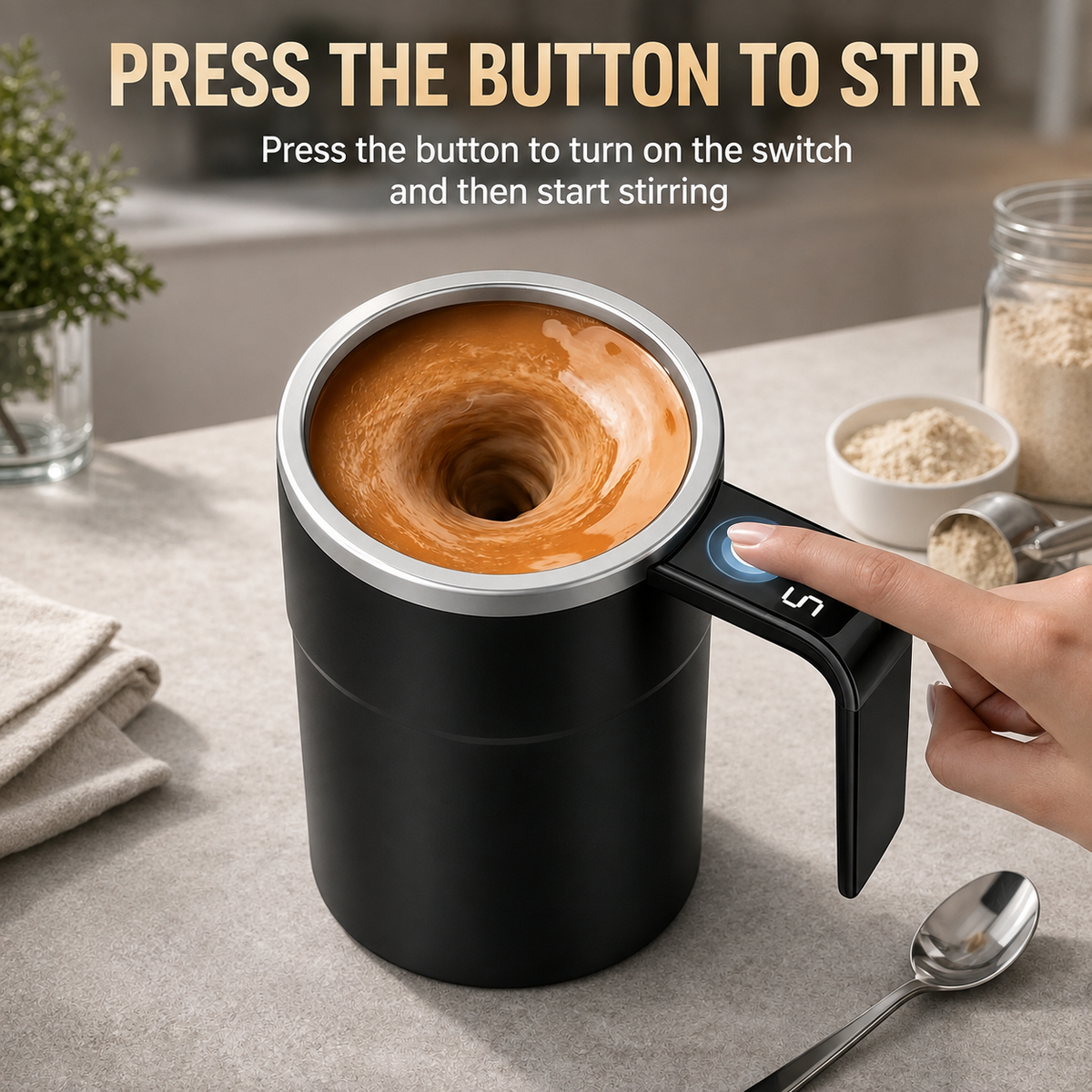 Self-stirring mug with temperature display for coffee and powder