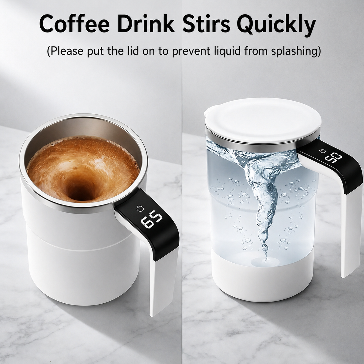 Self-stirring mug with temperature display for coffee and powder