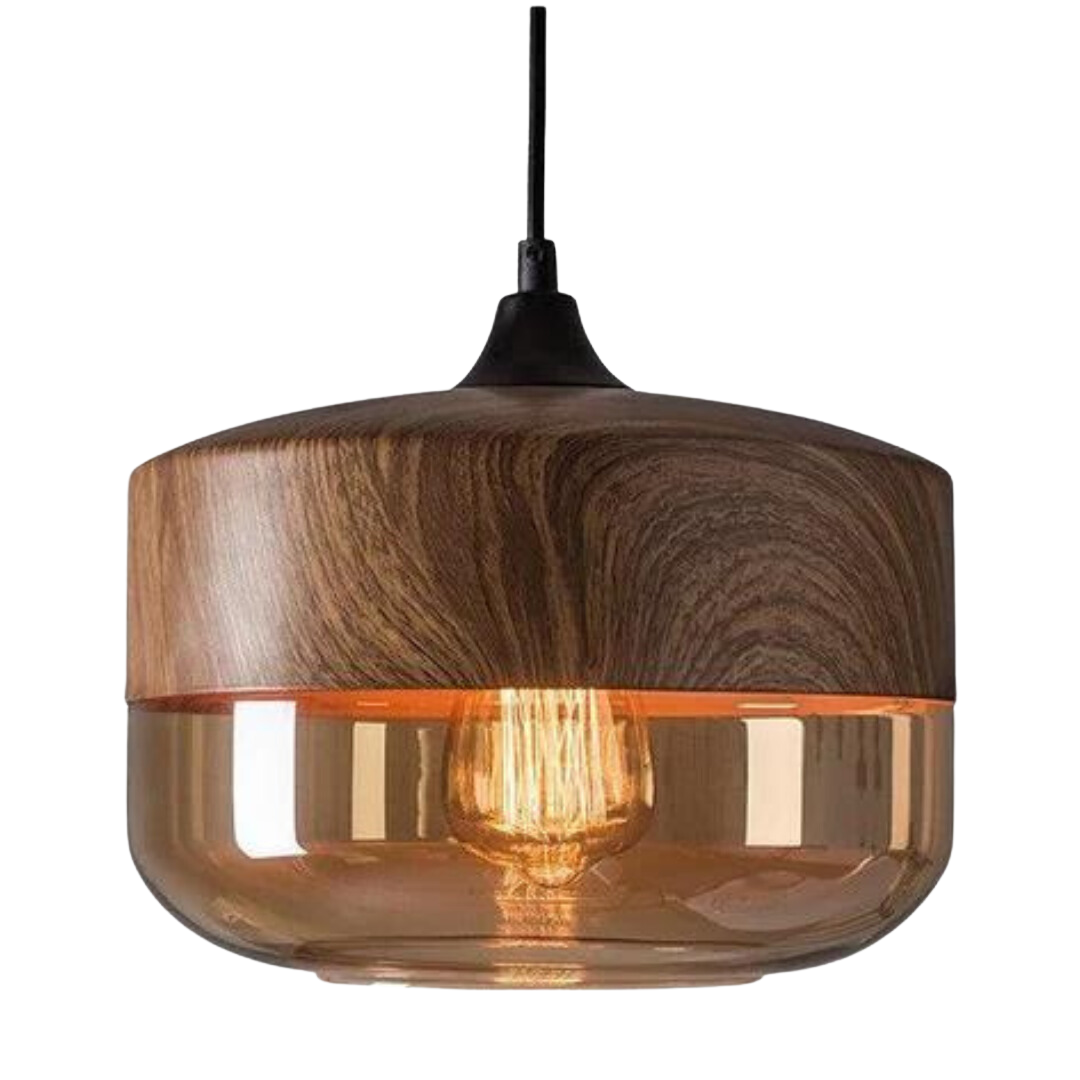 Skandinavische Pendelleuchte aus Glas und Metall mit Holzoptik