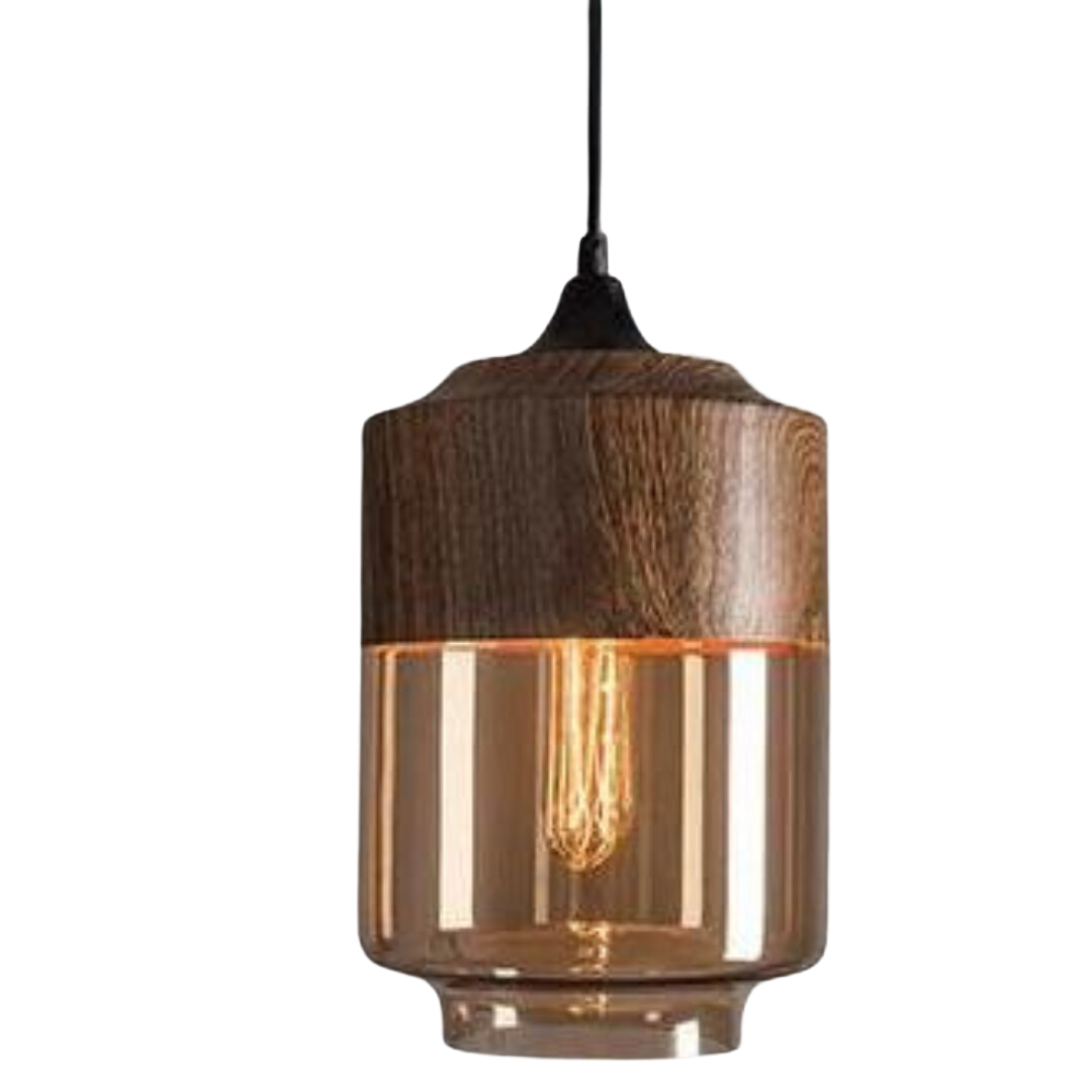Skandinavische Pendelleuchte aus Glas und Metall mit Holzoptik