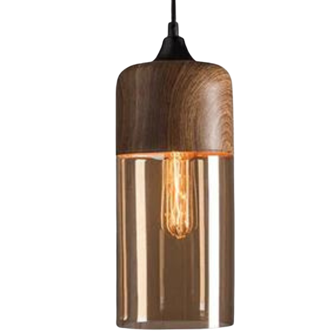 Skandinavische Pendelleuchte aus Glas und Metall mit Holzoptik