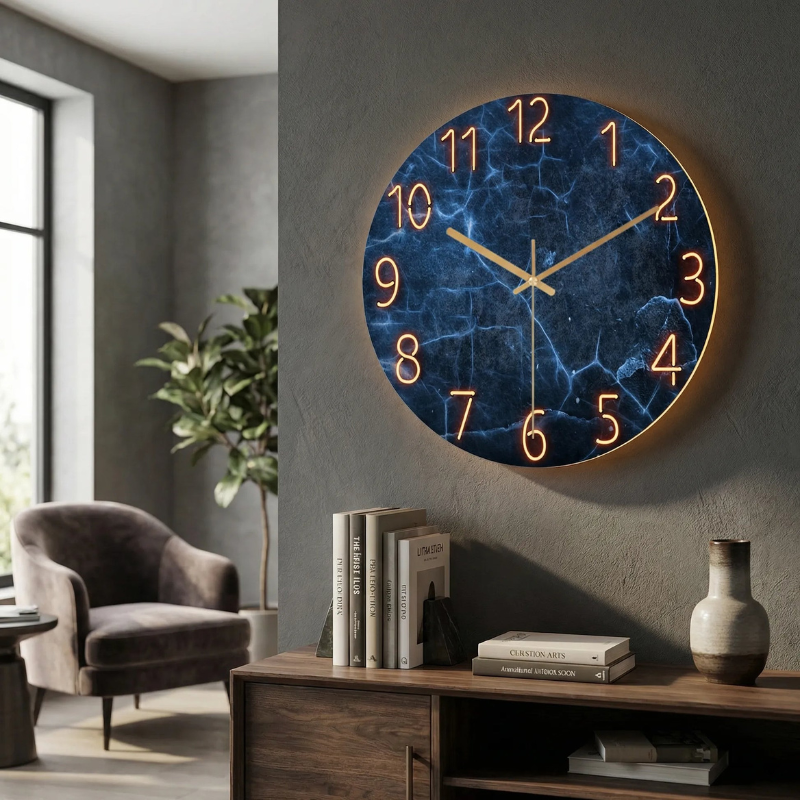 Modern wall clock with illuminated numerals and silent movement