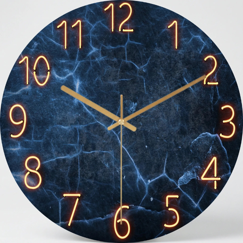 Modern wall clock with illuminated numerals and silent movement