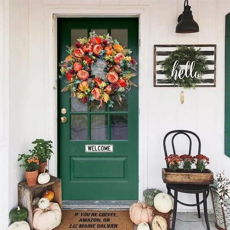 Herbstkranz mit Pfingstrosen und Kürbis für Tür und Wand