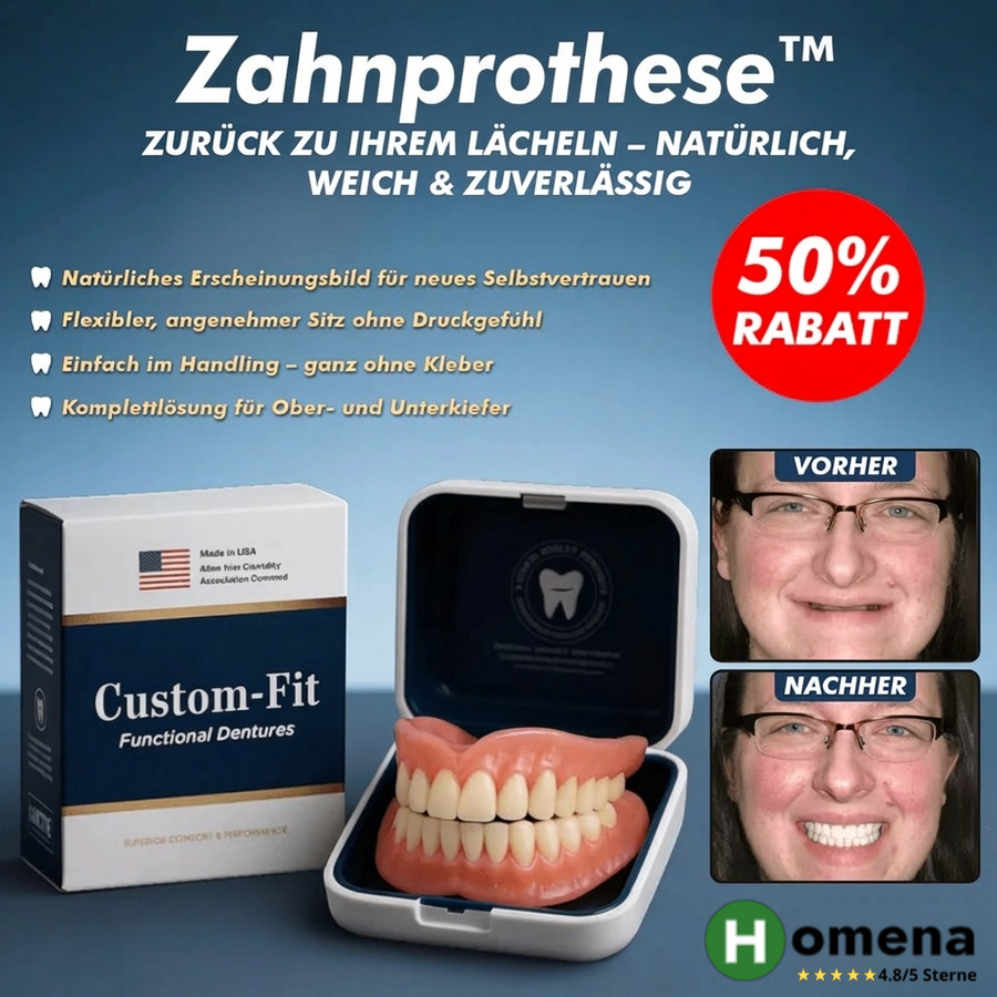 Anpassbare Zahnprothese Werbebanner mit Vorher-Nachher-Vergleich und 50% Rabatt Angebot