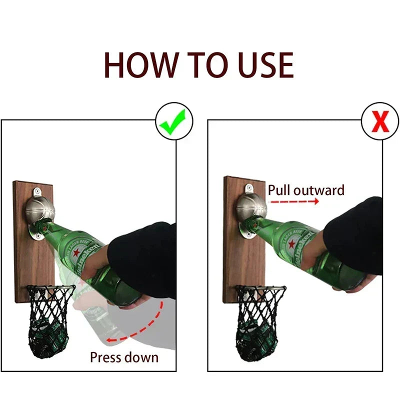 Wand-Flaschenöffner im Basketball-Design mit Auffangnetz für Kronkorken
