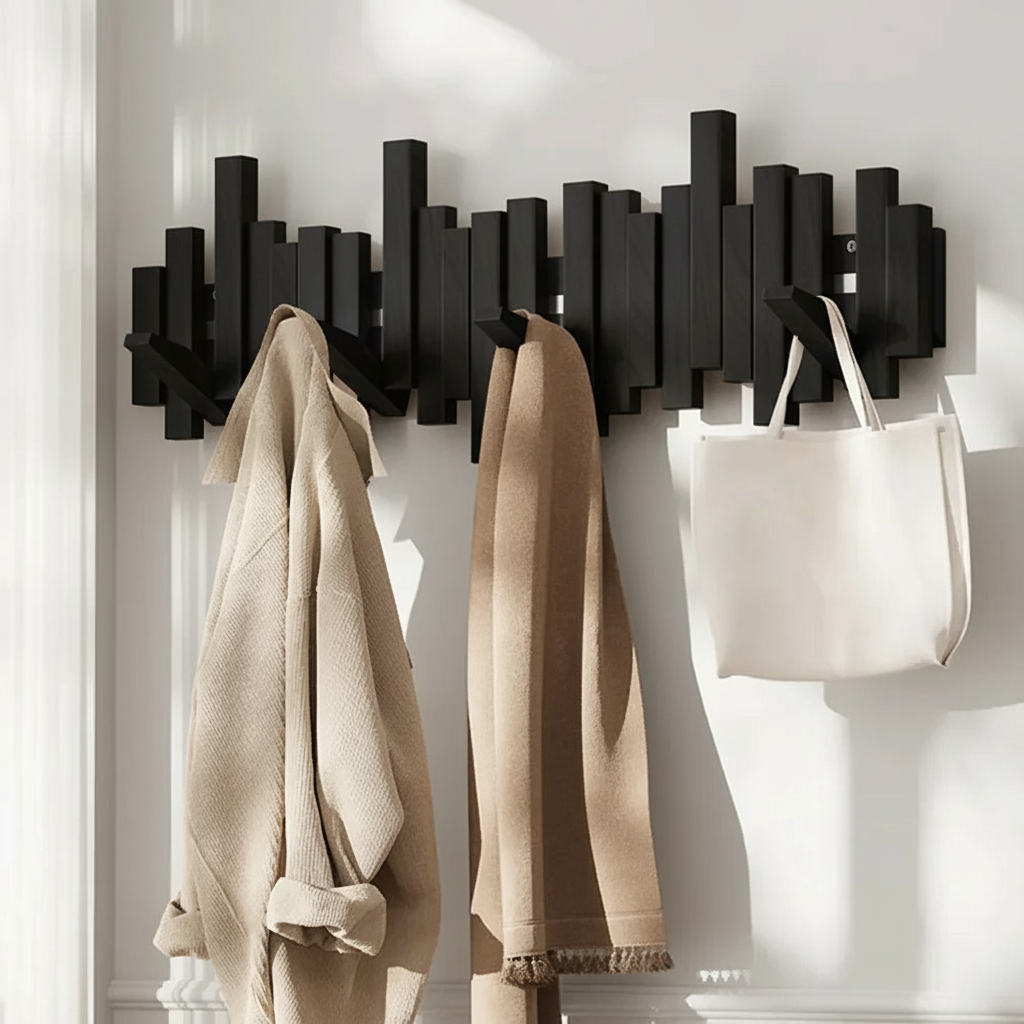 Wall-mounted coat rack with magnetic folding hooks made of wood - modern design