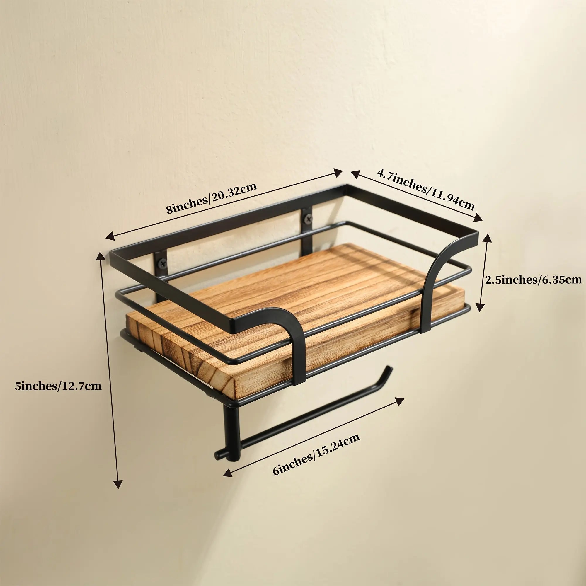 Badezimmer-Wandregal mit Toilettenpapierhalter – Metall & Holz product image 7
