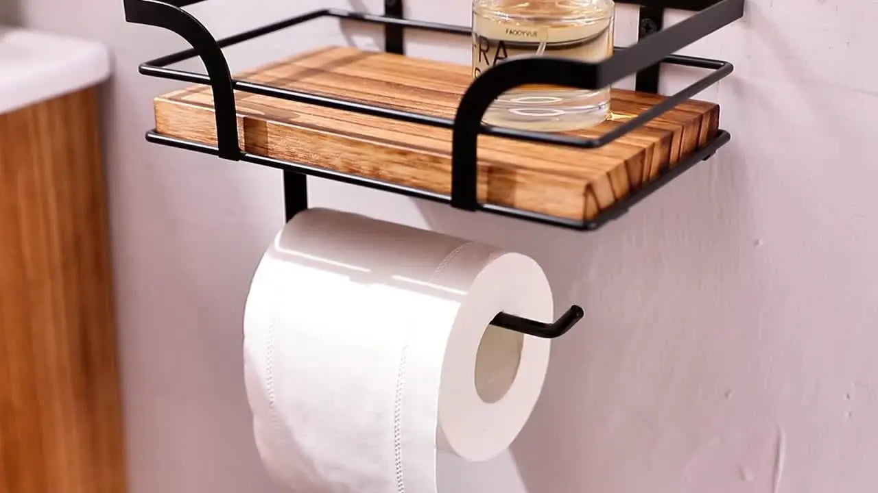 Badezimmer-Wandregal mit Toilettenpapierhalter – Metall & Holz product image 9