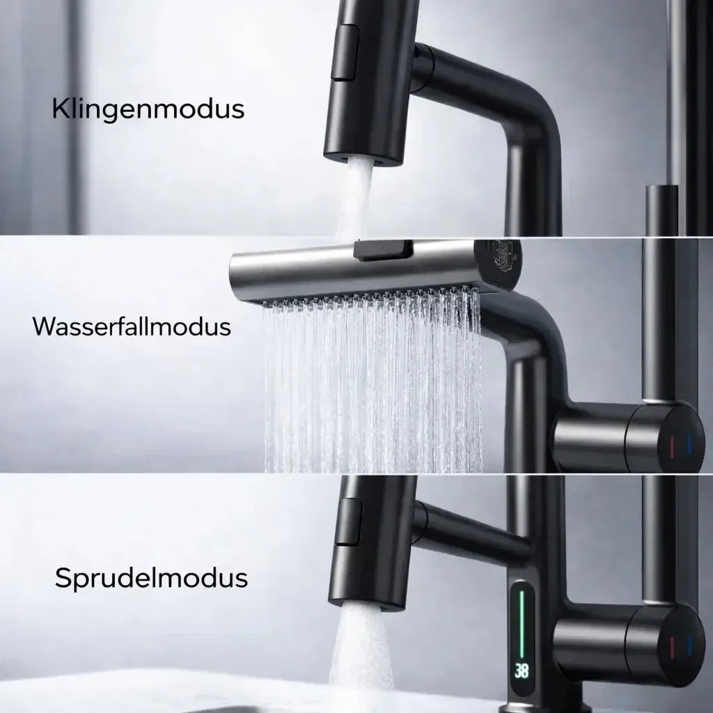 Wasserhahnaufsatz mit LED-Temperaturanzeige und 5 Strahlarten