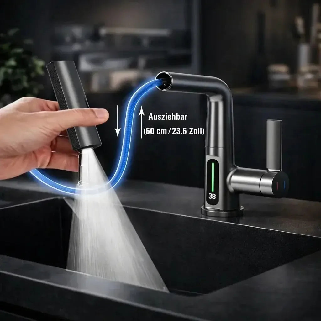 Wasserhahnaufsatz mit LED-Temperaturanzeige und 5 Strahlarten