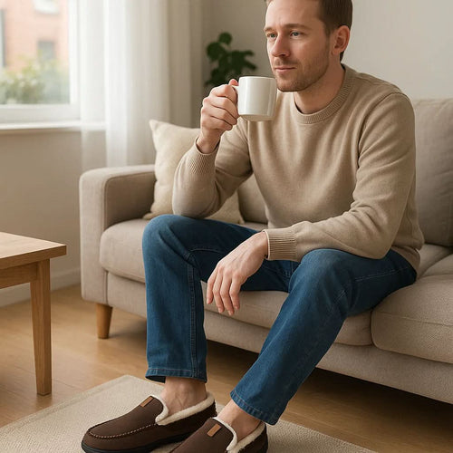 Warm men's slippers made of synthetic wool – loafers for winter